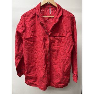 Free People Large L Red Eyelet PJ Pajama Button Up Top Shirt Sleep B10